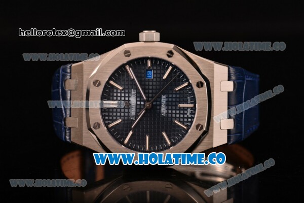 Audemars Piguet Royal Oak 41MM Clone AP Calibre 3120 Automatic Steel Case with Blue Dial Blue Leather Strap - Stick Markers (EF) - Click Image to Close